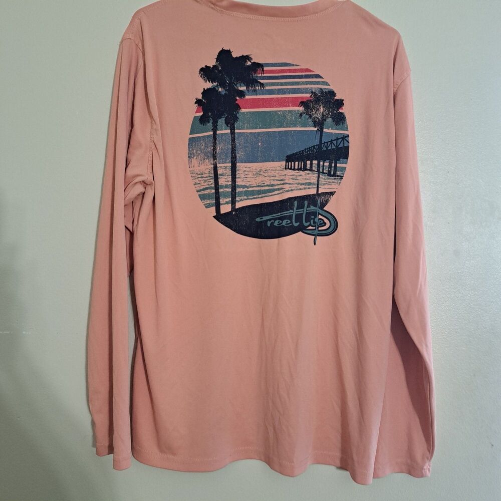 Reel Life Mens Peach Orange Graphic Fishing Long Sleeve Polyester T Shirt Size L